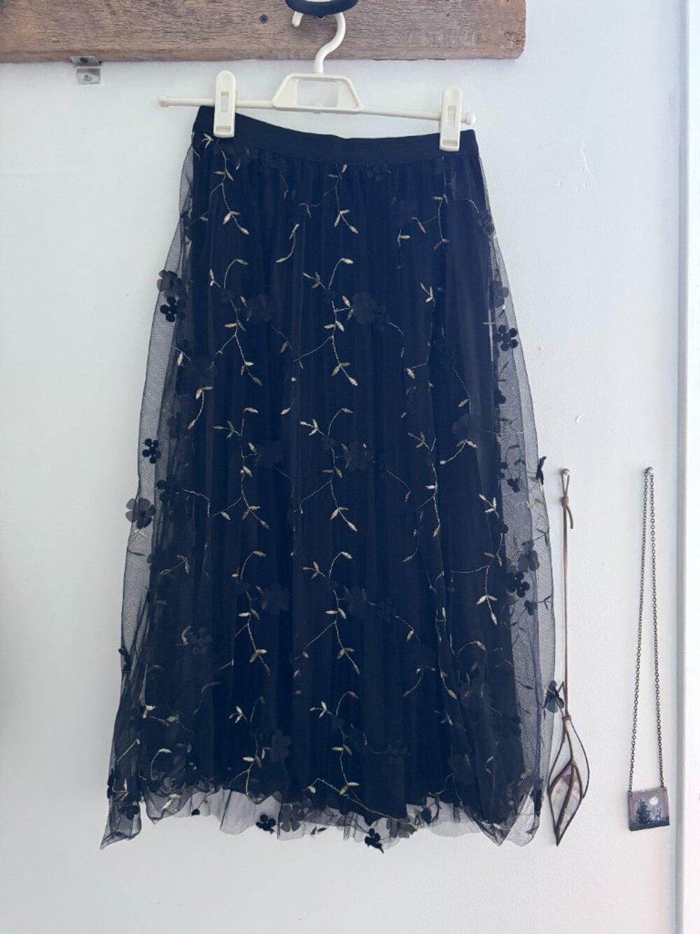 Black Embroidered Tulle Midi Skirt – Size Small - NEW